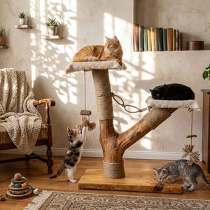 May include: A cat tree constructed from a natural wooden branch with a rectangular base, featuring sisal rope wrapping, two plush fabric platforms, and hanging rope toys. Three cats of different colors interact with the structure.