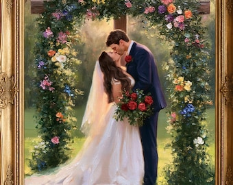 Custom Wedding Oil Painting, Anniversary Memorial Gift, Couple Portrait, Personalized Art Commission on Canvas, Hand Painted Family Group