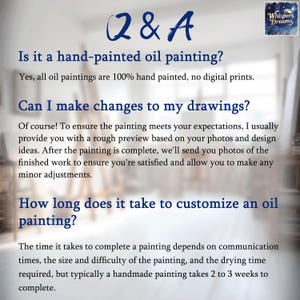 Puede incluir: Un gr&aacute;fico de preguntas y respuestas sobre pinturas al &oacute;leo pintadas a mano. El texto responde preguntas sobre el proceso de pintura, incluida la personalizaci&oacute;n y el tiempo de pintura. El logotipo de Whispers Dreams est&aacute; en la esquina superior derecha.
