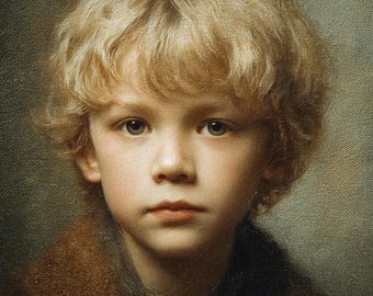 Puede incluir: Retrato de un niño pequeño con cabello rubio claro y rizado y ojos verde azulados. El niño lleva un abrigo marrón. La pintura tiene un estilo suave y clásico con un fondo neutro.