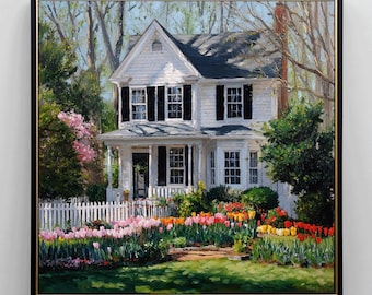 May include: A framed painting of a white house with black shutters and a dark roof. A white picket fence and a vibrant flower garden with tulips in shades of pink, orange, and red are in front of the house. The painting is set in a lush green landscape.