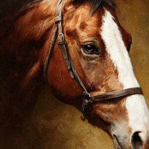 Puede incluir: Pintura detallada de la cabeza de un caballo, con marcas marrones y blancas. El caballo lleva un cabestro de cuero. La obra captura el ojo y los rasgos faciales del caballo, sobre un fondo c&aacute;lido y dorado.