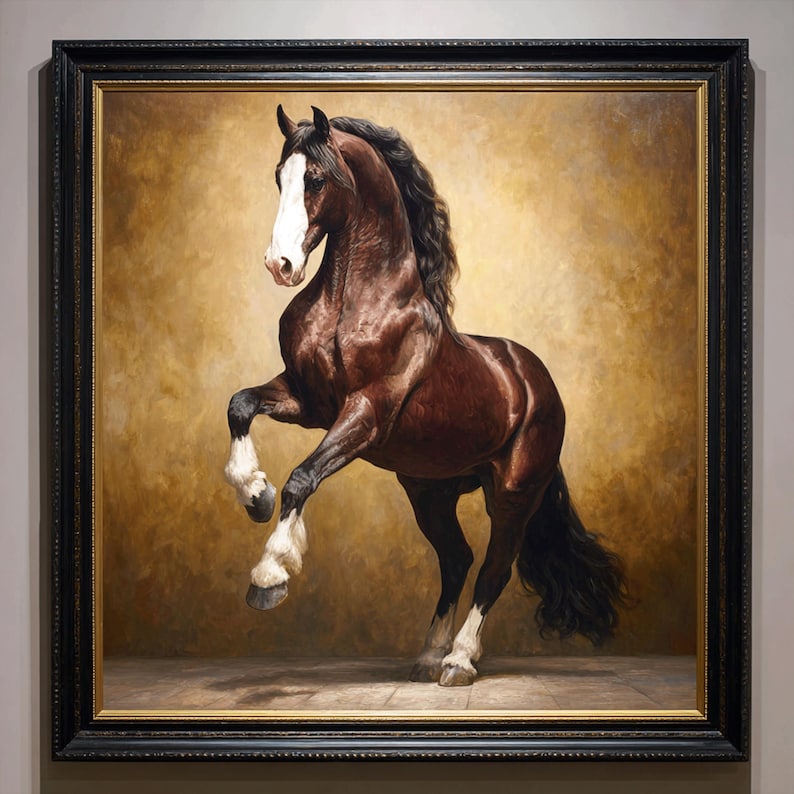 Puede incluir: Pintura al &oacute;leo enmarcada de un caballo marr&oacute;n encabritado con cara y patas blancas. El caballo tiene crin y cola negras. El fondo es de color dorado c&aacute;lido. El marco es negro.