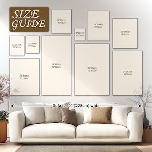 Puede incluir: Una gu&iacute;a de tama&ntilde;os de arte mural muestra varios tama&ntilde;os de lienzos rectangulares, incluyendo 30x40cm, 40x50cm y 61x122cm. El texto "SIZE GUIDE" est&aacute; en la parte superior. Debajo de los tama&ntilde;os de los lienzos se muestra un sof&aacute;, con una nota que indica que mide 228cm de ancho.