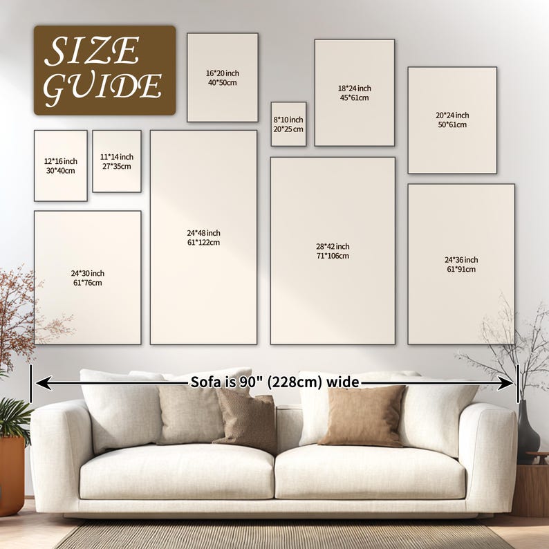 Puede incluir: Una gu&iacute;a de tama&ntilde;os de arte mural muestra varios tama&ntilde;os de lienzos rectangulares, incluyendo 30x40cm, 40x50cm y 61x122cm. El texto "SIZE GUIDE" est&aacute; en la parte superior. Debajo de los tama&ntilde;os de los lienzos se muestra un sof&aacute;, con una nota que indica que mide 228cm de ancho.