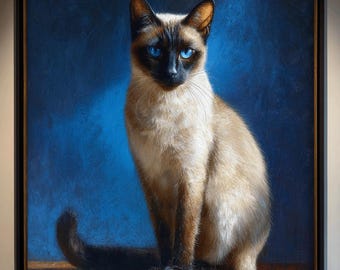 May include: A framed painting of a Siamese cat with striking blue eyes. The cat has a light brown body, dark brown points, and is set against a deep blue background. The artwork is a portrait of the cat in a seated position.
