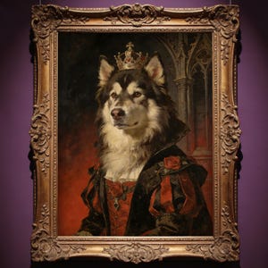 May include: An oil painting in an ornate gold frame depicting a husky dog wearing a crown and a red and black garment adorned with red roses. The dog has a thick coat of black, white, and gray fur and is positioned against a dark red background.