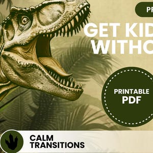 Könnte beinhalten: Ein druckbares PDF-Elterntool mit bildschirmfreien Aktivitätsideen für Kinder im Alter von 6-12 Jahren. Das Design zeigt eine Dinosaurier-Illustration und den Text: "Get Kids Off Screens Without Tantrums". Enthält Ideen für kreative, unterhaltsame und verbindende Aktivitäten.