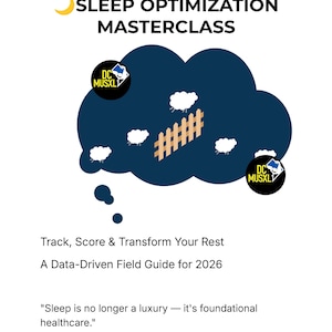 May include: A white graphic with the text "SLEEP OPTIMIZATION MASTERCLASS" and a dark blue cloud shape with sheep and a fence. The text "Track, Score & Transform Your Rest" is also included.