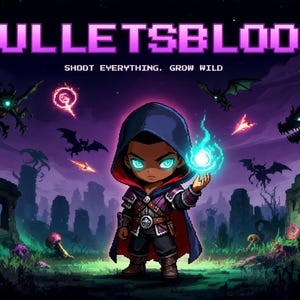 Könnte beinhalten: Eine digitale Illustration mit dem Titel BULLETSBLOOM und dem Untertitel SHOOT EVERYTHING. GROW WILD. Eine zentrale Figur mit Kapuze und leuchtend cyanfarbenen Augen hält eine blaue Flamme. Die Szene zeigt dunkle violette Ruinen, fliegende Kreaturen und Pilze.