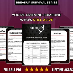 May include: A digital product advertisement for the "Breakup Survival Series" featuring a central image of an "Emotional Control Tracker" and several informational pages. The design uses a dark color scheme with white text, and the product is advertised as a fillable PDF with lifetime access.
