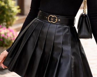 Minifalda plisada de cuero genuino negro – Conjunto de estilo urbano de talle alto y corte en A