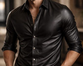 Men's Black Genuine Leather Slim Fit Button-Down Shirt – Designer Streetwear Formal Party Wear