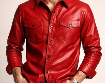 Men's Red Genuine Leather Slim Fit Button-Down Shirt – Designer Streetwear, Party Wear