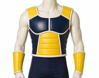 Chaleco de armadura de cuero hecho a mano inspirado en el anime, traje de batalla de cuero amarillo y azul, conjunto de armadura para cosplay, atuendo de cuero estilo Saiyajin.