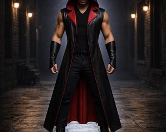 Abrigo de asesino con capucha de cuero genuino cosido a mano en negro y rojo para LARP, disfraz de cosplay