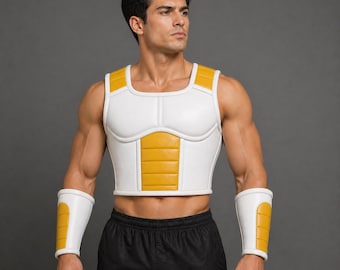 Conjunto de chaleco y protectores de brazos de armadura Saiyajin de cuero genuino – Disfraz inspirado en el anime, blanco y amarillo, traje de cosplay de cuero hecho a mano, conjunto de armadura de guerrero