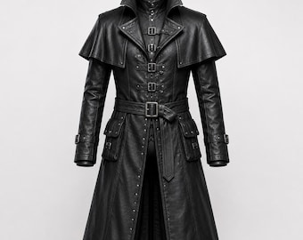 Abrigo de médico de piel auténtica para hombre – Gabardina gótica negra – Abrigo largo de piel steampunk – Chaqueta de cosplay victoriana