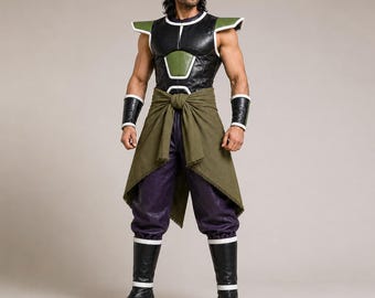 May include: A costume featuring a black sleeveless top with green chest and shoulder accents, a dark olive green waist wrap, deep purple trousers, black arm cuffs, and black boots with green toe caps, designed for a full-body character ensemble.