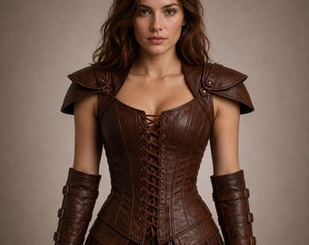 Corsé de armadura de cuero genuino para mujer – Disfraz de cuero marrón – Atuendo de guerrera medieval – Corpiño de cuero gótico – Top de cuero para cosplay