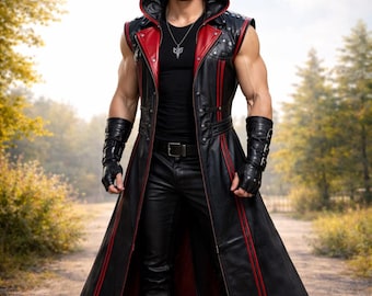 Abrigo de asesino con capucha de cuero genuino cosido a mano en negro y rojo para LARP, disfraz de cosplay