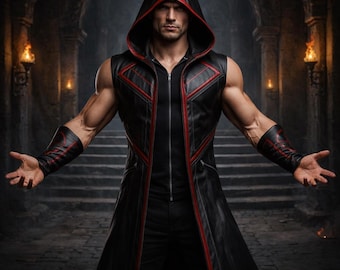 Genuine Leather Hooded Assassin Coat – Gothic Warrior Cloak, Cosplay Costume, Medieval Fantasy Outfit