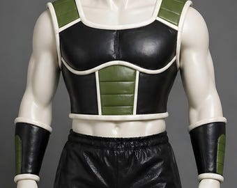 May include: Black and olive green cosplay armor set. The chest piece, shoulder pads, and arm guards are black with olive green accents and white trim. The armor is displayed on a mannequin.