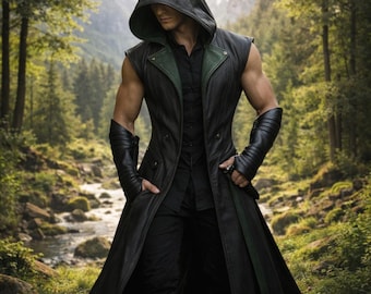 Abrigo de asesino con capucha de cuero genuino cosido a mano en negro y verde para LARP y disfraz de cosplay.