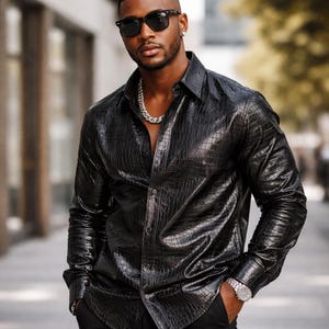 Men's Black Crocodile Embossed Genuine Leather Shirt – Slim Fit Designer Streetwear image 2