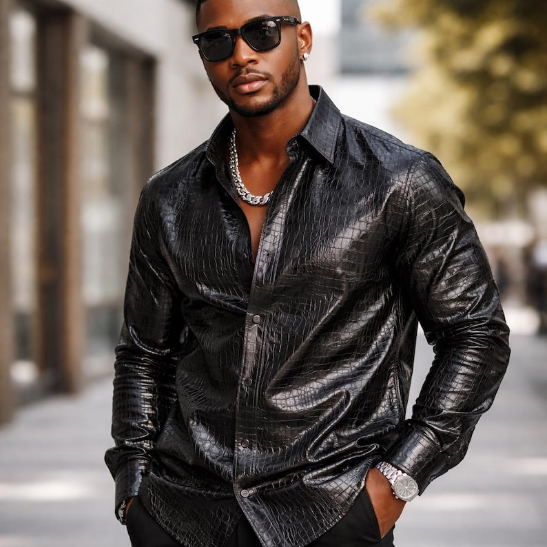 Men's Black Crocodile Embossed Genuine Leather Shirt – Slim Fit Designer Streetwear image 2