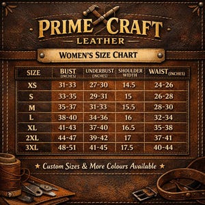 May include: A brown leather Women's Size Chart with the text "PRIME CRAFT LEATHER" at the top. The chart lists sizes XS to 3XL with bust, underbust, shoulder width, and waist measurements in inches. The text "Custom Sizes & More Colours Available" is at the bottom.
