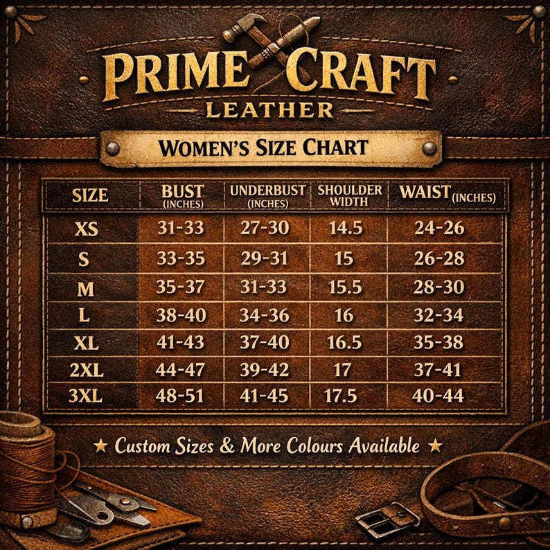 May include: A brown leather Women's Size Chart with the text "PRIME CRAFT LEATHER" at the top. The chart lists sizes XS to 3XL with bust, underbust, shoulder width, and waist measurements in inches. The text "Custom Sizes & More Colours Available" is at the bottom.