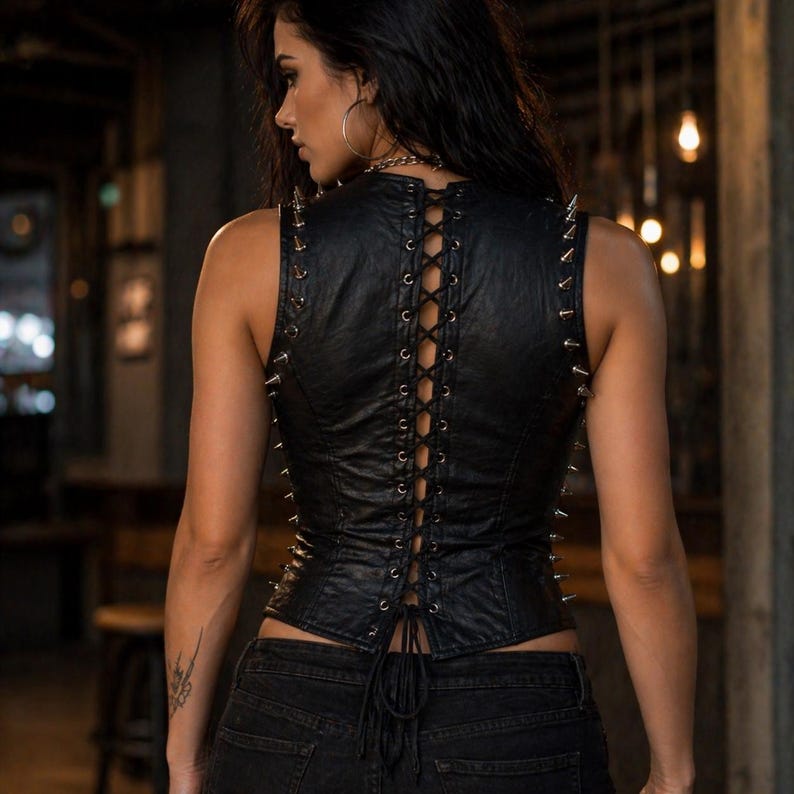 May include: Black faux leather vest with silver-toned metal studs along the shoulders and sides. The back features a lace-up design. The vest is sleeveless and has a fitted silhouette, suitable for alternative fashion.