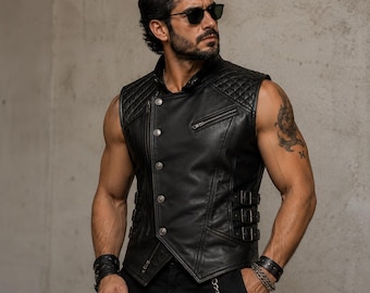 Chaleco negro de cuero genuino para hombre – Chaleco estilo motero rústico del oeste, chaqueta sin mangas de estilo vintage