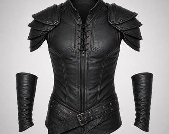 Conjunto de disfraz de hombre de cuero genuino negro / Traje de guerrero medieval / Chaleco, pantalones, cinturón, protectores de brazos, hombreras y botas de cuero / Traje de cosplay para LARP