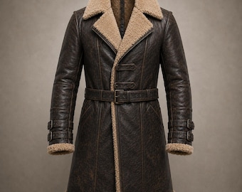 Abrigo de piel auténtica con forro de borrego – Gabardina de piel marrón inspirada en caballeros – Abrigo largo de invierno para hombre – Chaqueta de cosplay de película