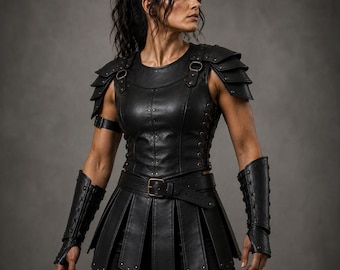Corsé de armadura de cuero genuino para mujer – Disfraz de cuero negro – Atuendo de guerrera medieval – Corpiño de cuero gótico – Top de cuero para cosplay