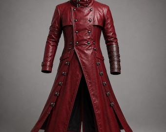 Gabardina de cuero rojo auténtico para hombre – Abrigo largo de cuero inspirado en el anime, chaqueta de cuero para cosplay, abrigo de disfraz gótico hecho a mano
