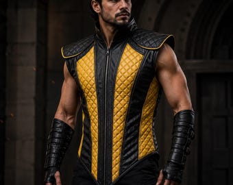 Disfraz de guerrero de cuero auténtico para hombre: chaleco de cuero acolchado negro y amarillo, armadura de cosplay de luchador fantástico, chaqueta medieval sin mangas.