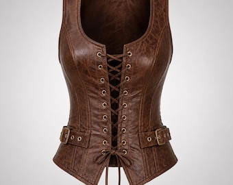 Chaleco corsé de cuero genuino marrón, chaleco steampunk con cordones para mujer