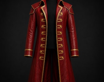 Abrigo de Gol D. Roger, el Rey Pirata – Chaqueta de capitán de cuero rojo auténtico – Abrigo largo de cosplay inspirado en el anime – Chaqueta de disfraz de bucanero hecha a mano