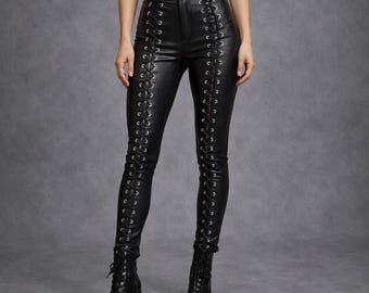 Pantalones de cuero genuino con cordones / Talle alto, corte ajustado