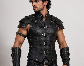 Conjunto de disfraz de hombre de cuero genuino negro / Traje de guerrero medieval / Chaleco de cuero, protectores de brazos, hombreras y botas / Traje de LARP/Cosplay