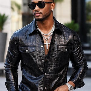 Men's Black Crocodile Embossed Genuine Leather Shirt – Slim Fit Designer Streetwear image 3