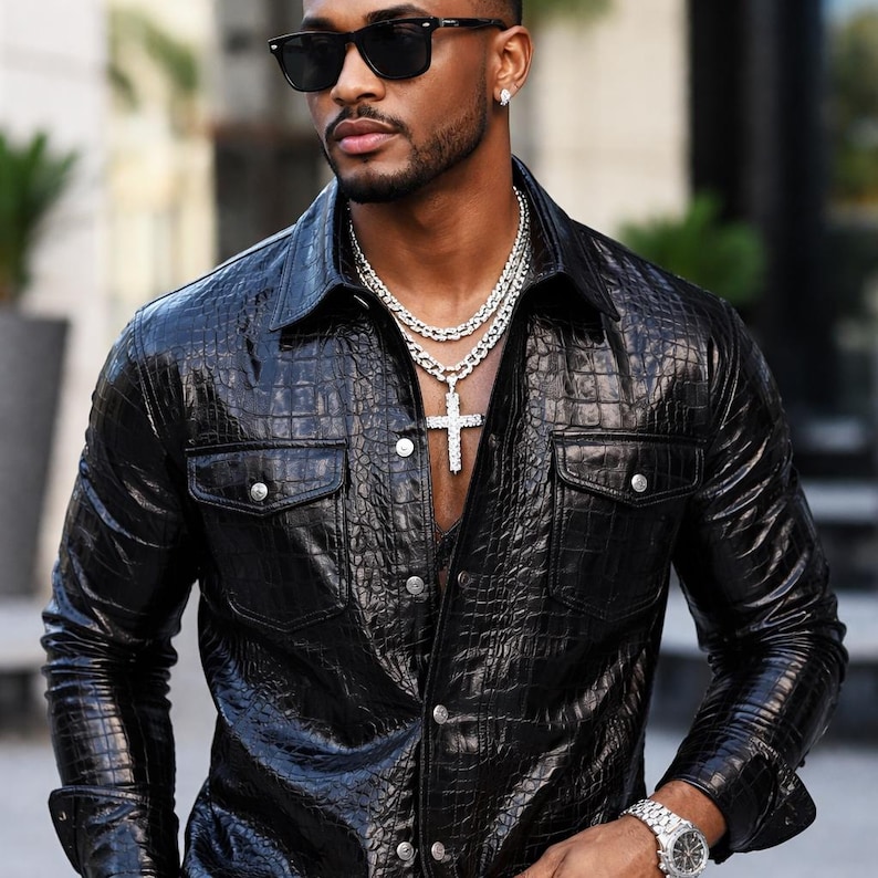 Men's Black Crocodile Embossed Genuine Leather Shirt – Slim Fit Designer Streetwear image 3