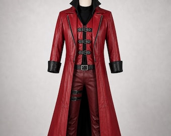 Conjunto de disfraz de cuero genuino inspirado en Dante: gabardina larga de cuero y pantalones de anime, atuendo gótico de diablo para cosplay hecho a mano.