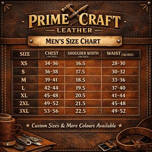 May include: A brown leather size chart with the text "PRIME CRAFT LEATHER" and "MEN'S SIZE CHART". The chart lists sizes XS to 3XL with chest, shoulder width, and waist measurements in inches. Custom sizes and colors are available.