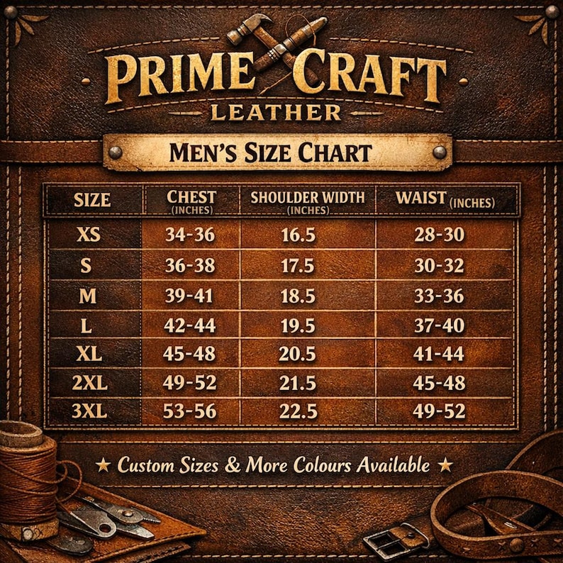 May include: A brown leather size chart with the text "PRIME CRAFT LEATHER" and "MEN'S SIZE CHART". The chart lists sizes XS to 3XL with chest, shoulder width, and waist measurements in inches. Custom sizes and colors are available.