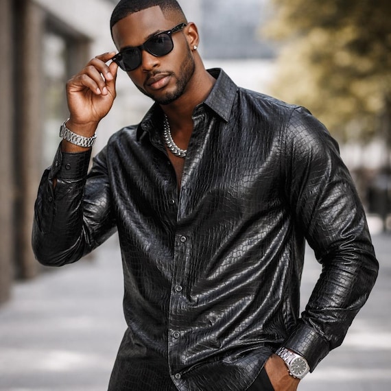 Men's Black Crocodile Embossed Genuine Leather Shirt – Slim Fit Designer Streetwear