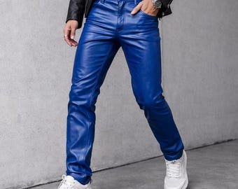 Blauwe slim-fit bikerbroek heren echt leer – moderne streetwear-mode